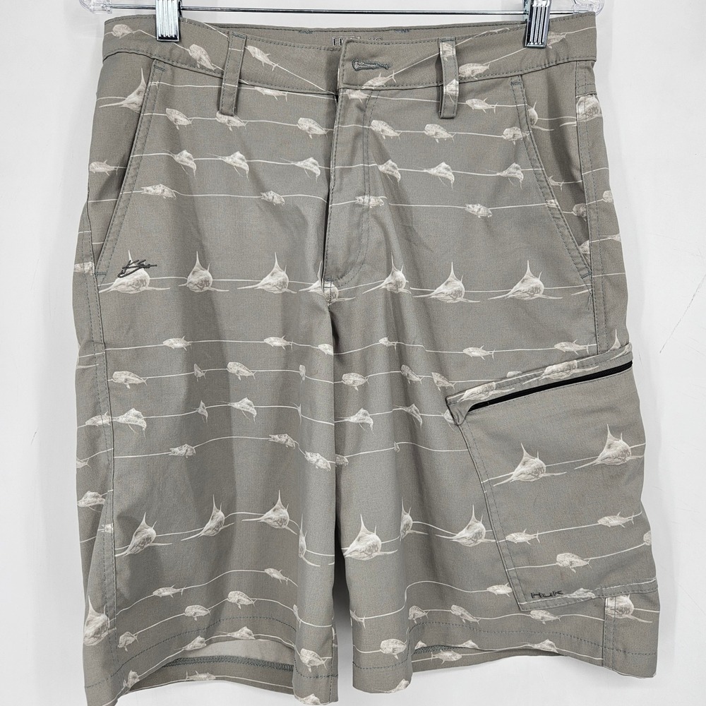 Huk Fishing Shorts Mens 30 Gray Cargos Utility Pocket Outdoor Marlins AOP